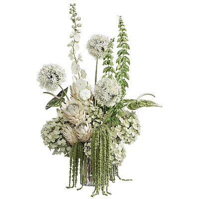 Elegant White Flowers in Glass Vase with Hydrangea Lotus-like Blooms Green Leaves Hanging 3d model