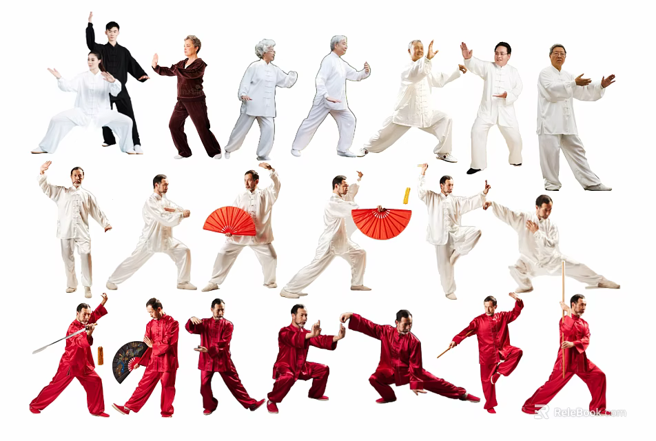 People Practicing Tai Chi in Different Poses with Red White Outfits and Fans 3d model 