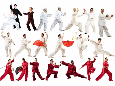 People Practicing Tai Chi in Different Poses with Red White Outfits and Fans 3d model