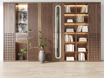 Modern Wooden Bookcase Design With Layered Shelves Green Plant And Decorative Art 3d model
