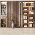 Modern Wooden Bookcase Design With Layered Shelves Green Plant And Decorative Art