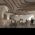 Modern Banquet Hall with Curved Wooden Ceiling Structure Buffet Stations Dining Area and Plant Decorations
