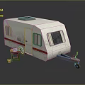 White Caravan With Gray Roof Red Stripe Windows Door Near Small Table And Bucket
