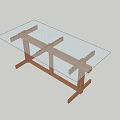 Modern Dining Table With Glass Top And Wooden Cross Support Frame Structure
