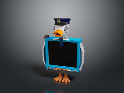 Cartoon Bird Wearing Police Cap And Tie Holding Blue Tablet With Blank Screen 3d model