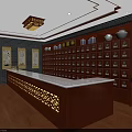 Traditional Chinese Medicine Pharmacy Interior With Wooden Counter White Countertop Medicine Cabinets Scroll Paintings