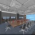 Contemporary Conference Room Featuring Long Wooden Table Ergonomic Chairs Geometric Ceiling And Future Themed Wall
