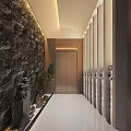 Elevator Corridor With Stone Lions Bonsai Rockery And Modern Style 3d model