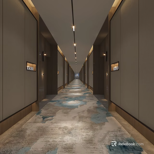 Elegant Hotel Corridor with Room Doors Patterned Carpet and Ceiling Lighting 3d model 