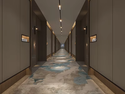 Elegant Hotel Corridor with Room Doors Patterned Carpet and Ceiling Lighting 3d model