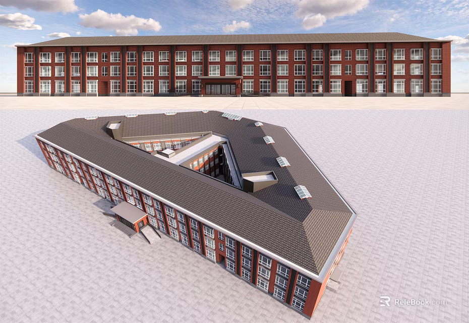 Large Red Brick Public Building Exterior With Multiple Windows And Dark Symmetrical Roof 3d model 