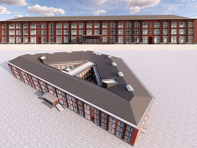Large Red Brick Public Building Exterior With Multiple Windows And Dark Symmetrical Roof 3d model