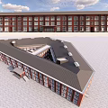 Large Red Brick Public Building Exterior With Multiple Windows And Dark Symmetrical Roof