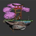 Japanese Zen Garden Scene With Red Torii Gate Pink Cherry Blossom And Stream