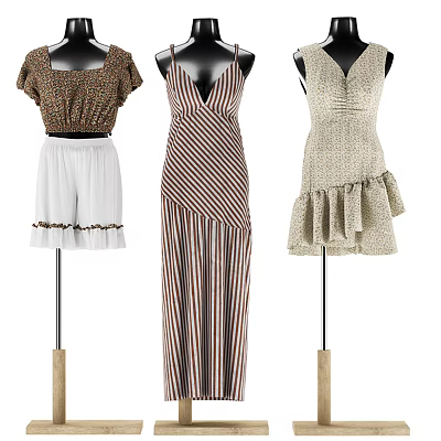 Model Wearing Short Sleeve Top White Shorts Striped Maxi Dress And Ruffled Mini Dress 3d model