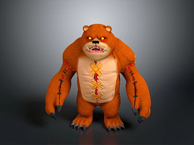 Orange Bear Stuffed Toy with Yellow Eyes Stitched Chest Design Red Stitches and Black Claws 3d model