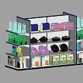 Kitchen Display Shelves With Utensils Pans Appliances And Packaged Products