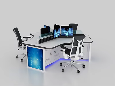Modern Office Workstation With L Shaped Desk Multiple Monitors And Ergonomic Chairs 3d model