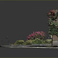 Small Garden Featuring Pink Flowers Red Blooms Green Plants Iron Decor And Stone Bench