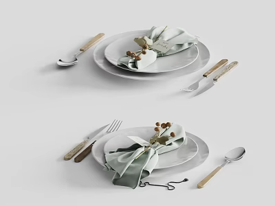 Elegant Dinnerware Set With Stacked Plates Green Napkins And Wooden Handle Cutlery 3d model