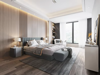 Modern Bedroom Interior with Wooden Panel Walls Large Bed Area Rug and Window Curtains 3d model