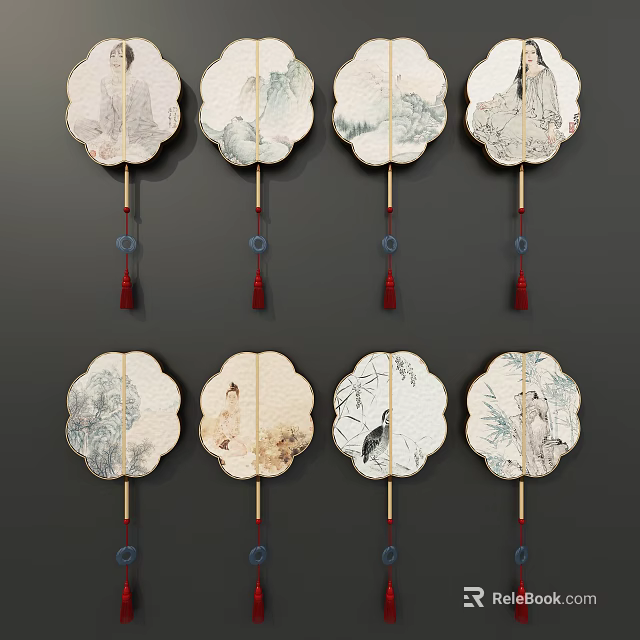 Chinese Style Decorative Fan Shaped Pendants with Landscape Paintings and Red Tassels 3d model 