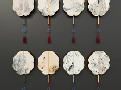 Chinese Style Decorative Fan Shaped Pendants with Landscape Paintings and Red Tassels 3d model