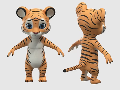 Cute Cartoon Tiger Character With Front Back Views And Striped Body 3d model