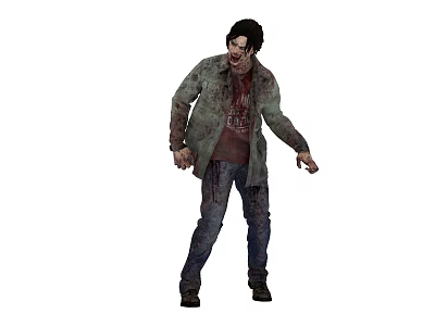 Menacing Zombie In Green Bloodstained Coat Red Shirt Blue Jeans And Outstretched Hands 3d model