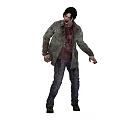Menacing Zombie In Green Bloodstained Coat Red Shirt Blue Jeans And Outstretched Hands