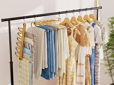 Metal Clothes Rack With Wooden Hangers And Various Colored Clothes Hanging Near Green Plant 3d model