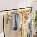 Metal Clothes Rack With Wooden Hangers And Various Colored Clothes Hanging Near Green Plant