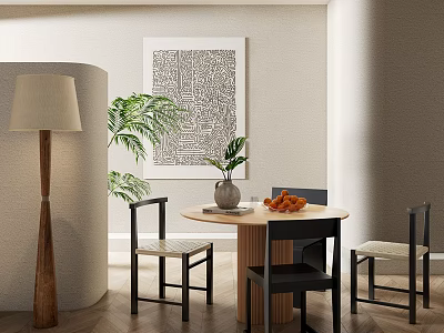 Modern Minimalist Round Dining Table Set With Four Chairs Green Plant Vase And Fruits 3d model