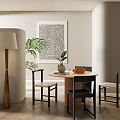 Modern Minimalist Round Dining Table Set With Four Chairs Green Plant Vase And Fruits