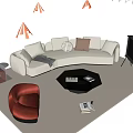Beige L Sofa with Decorative Pillows Black Hexagonal Coffee Table Set and Red Accent Chair