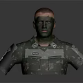 Man In Green Camouflage Military Uniform With Camouflage Face Paint And Badges