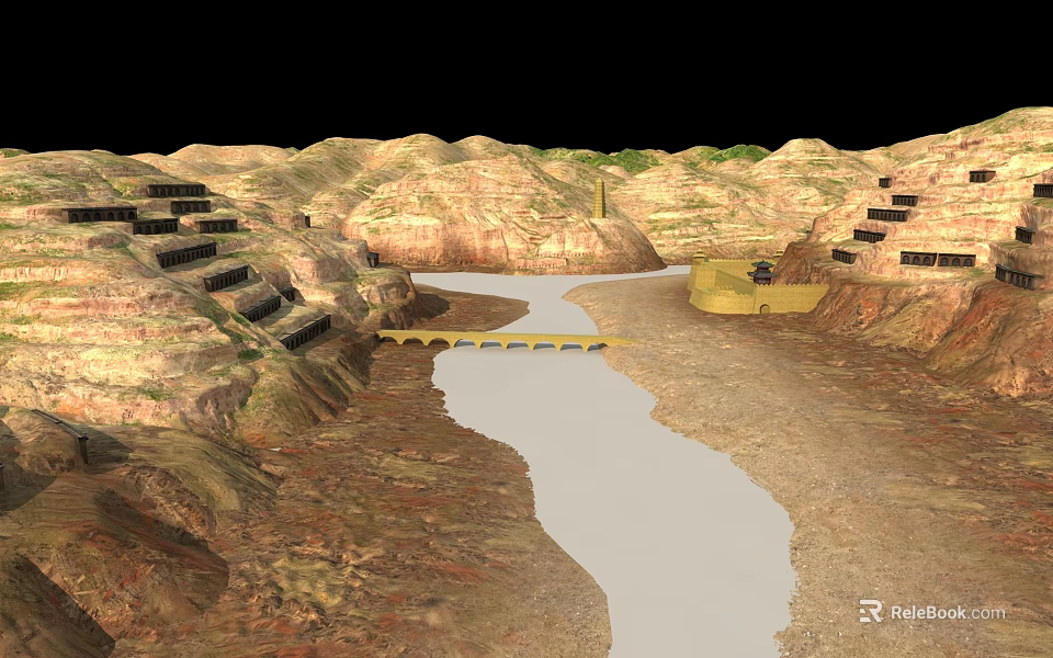 Scenic 3D Terrain Scene With River Arch Bridge Rocky Hills And Stone Terraces 3d model 