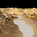 Scenic 3D Terrain Scene With River Arch Bridge Rocky Hills And Stone Terraces