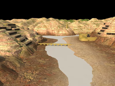 Scenic 3D Terrain Scene With River Arch Bridge Rocky Hills And Stone Terraces 3d model