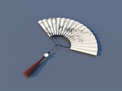 Traditional Bamboo Leaf Pattern White Fan With Red Tassel And White Bead Pendant 3d model
