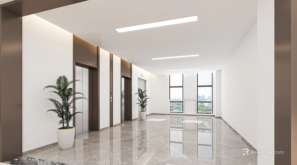 Modern Elevator Hallway with Marble Floor White Walls Strip Lights Green Plants and Large Windows 3d model 