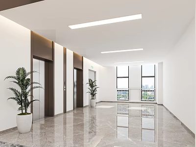Modern Elevator Hallway with Marble Floor White Walls Strip Lights Green Plants and Large Windows 3d model