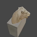 Ancient Horse Head Stone Sculpture With Intricate Carved Details On Pedestal