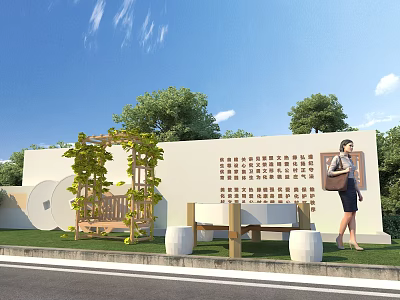 Rural Landscape With White Wall Green Vines Wooden Bench And Walking Lady 3d model