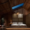 Wooden Corridor With Lantern Pendant Lights Wooden Structure And Misty Tree View Outside
