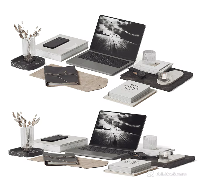 Modern Laptop Desktop Setup With Sleek Design Smartphone Books Mug And Flowers 3d model 