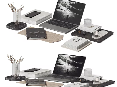 Modern Laptop Desktop Setup With Sleek Design Smartphone Books Mug And Flowers 3d model