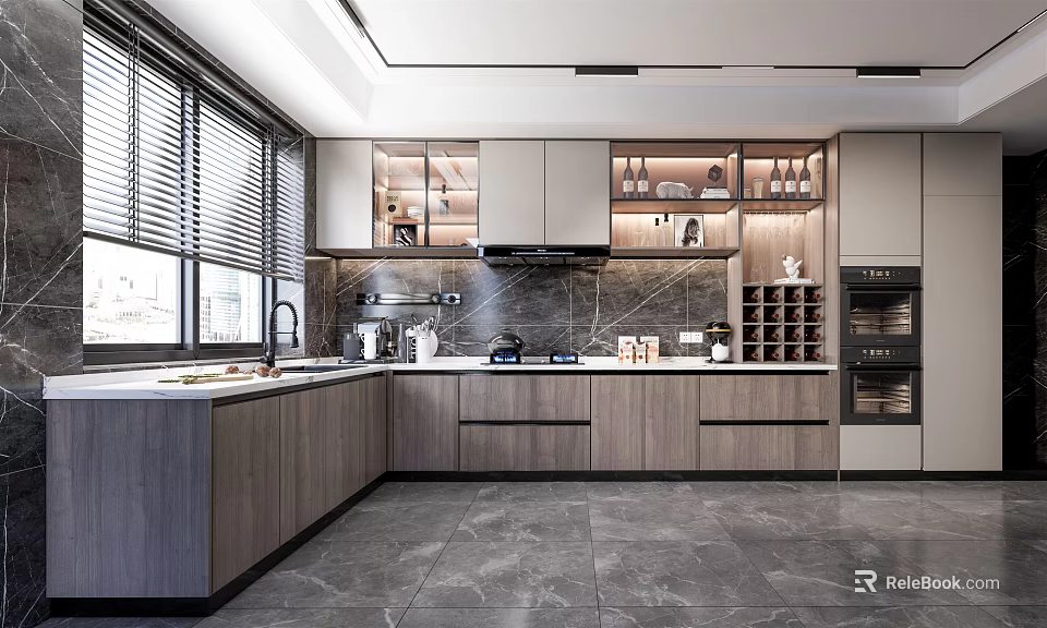 Modern Kitchen Interior Design With Marble Countertop Grey Cabinets And Windows 3d model