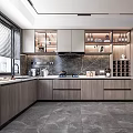 Modern Kitchen Interior Design With Marble Countertop Grey Cabinets And Windows 3d model