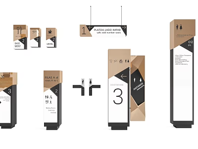 Modern Wayfinding Signage Collection With Hanging Standing Signs Floor Numbers Directional Arrows And Restroom Icons 3d model